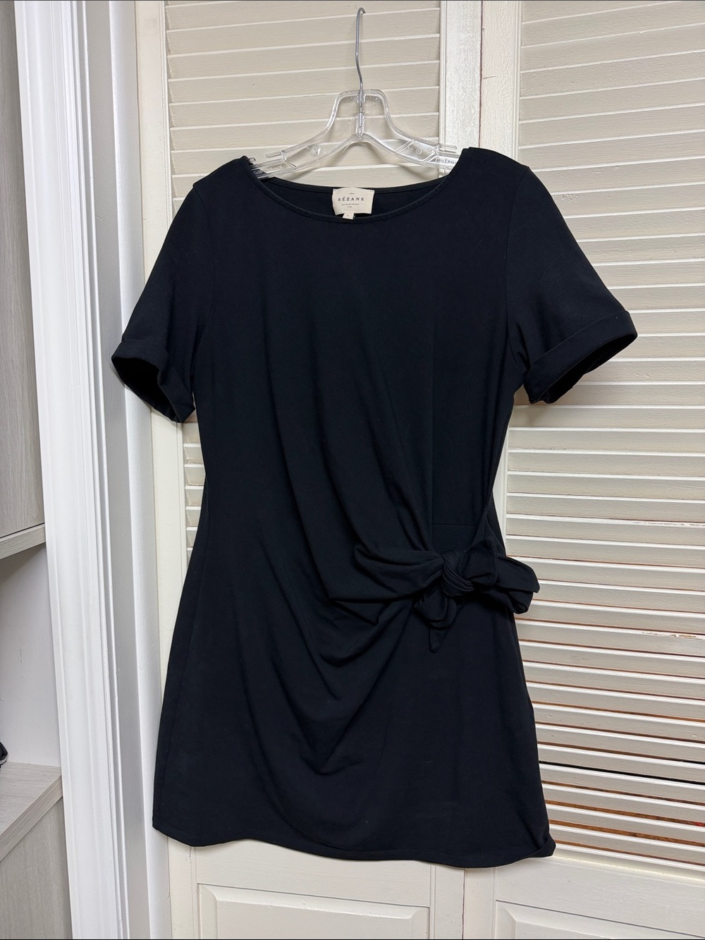 Sezane Black Short-Sleeve Mini Dress with Side Knot